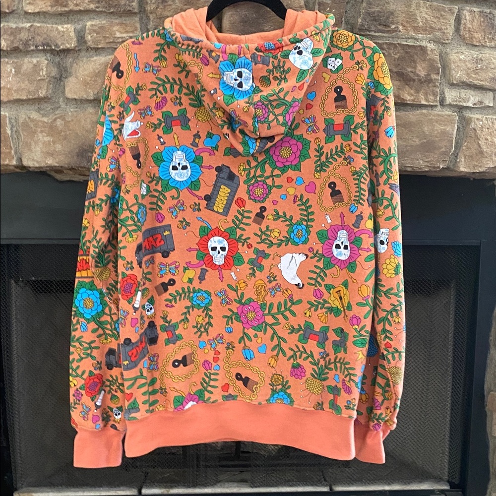 Orange hoodie with skull, dice, dove graphics  with pockets. Small - Picture 2 of 16